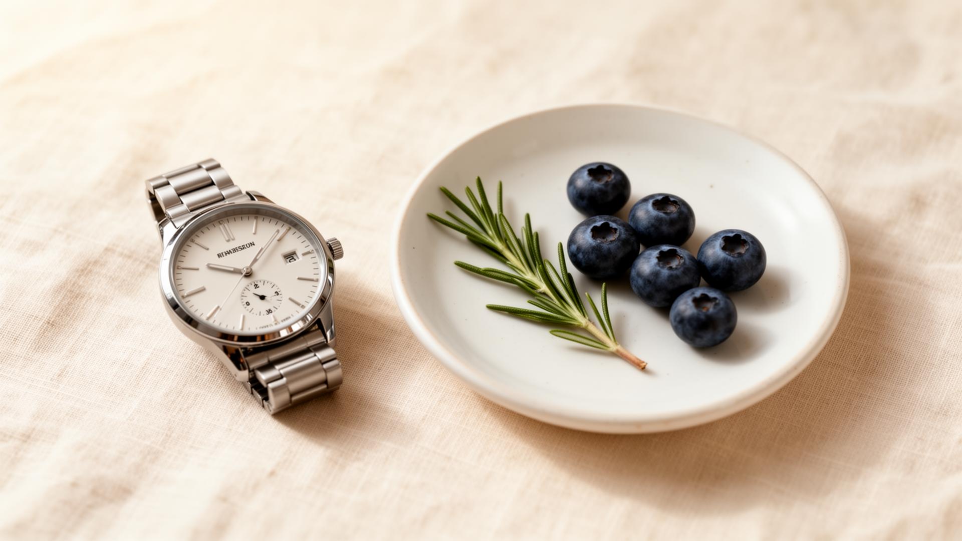 A wristwatch beside a small plate with blueberries and rosemary on linen — symbolizing intermittent fasting and metabolic health